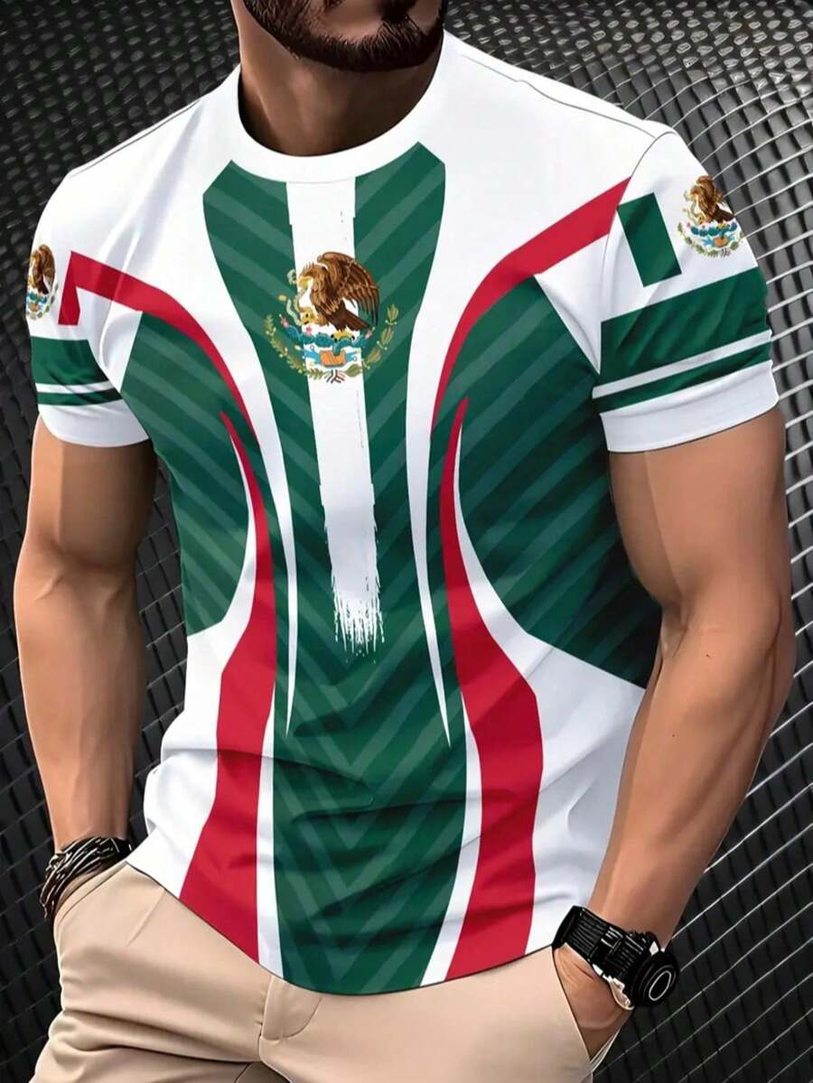 Camiseta de cuello redondo de manga corta casual con estampado patriótico 3D para hombres, mezcla de poliéster, tela de punto elástica y ligera, ajuste regular, 150 g/m², ropa novedosa - Multicolor - Ver 1