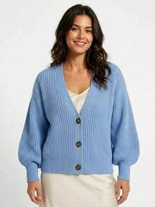 Cardigan Feminino Tricot Canelado Manga Bufante Decote V - azul-claro - Visão 1