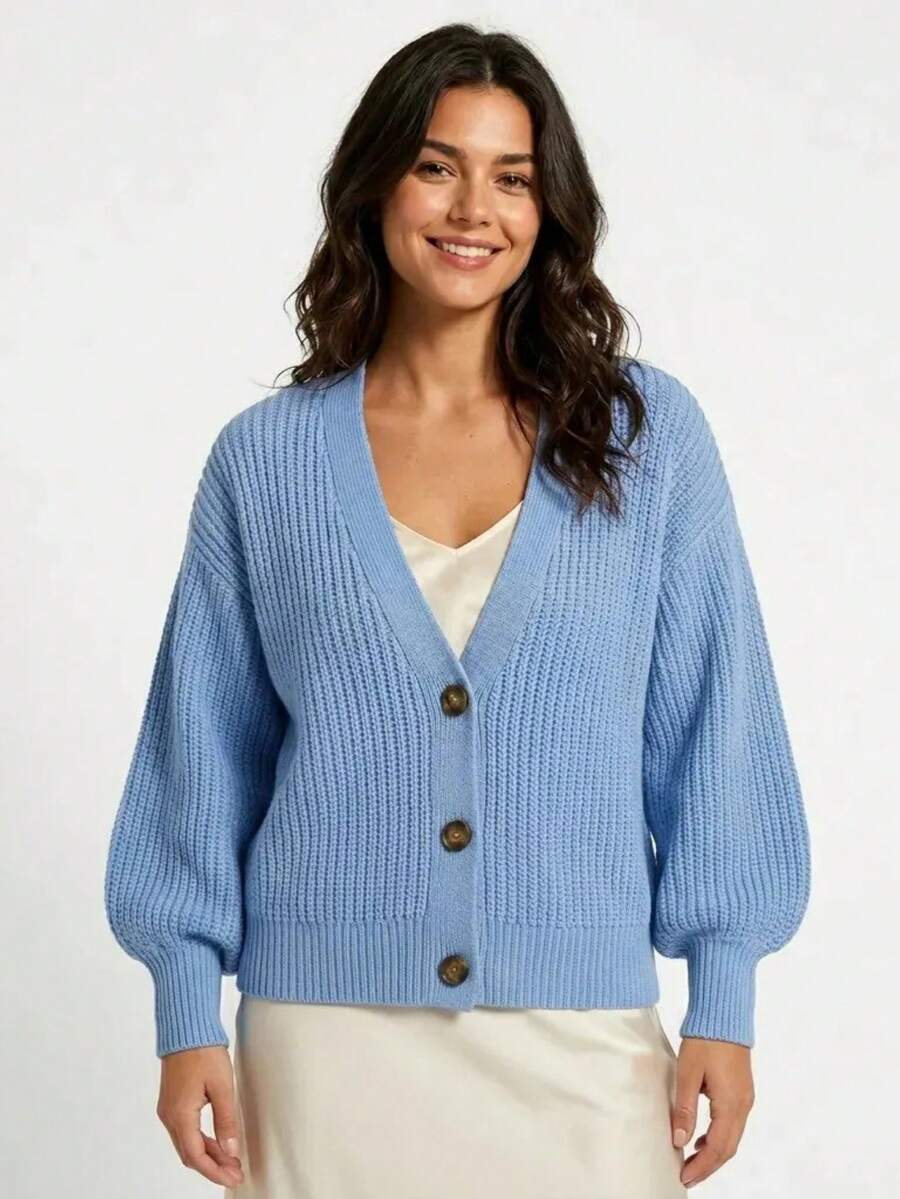 Cardigan Feminino Tricot Canelado Manga Bufante Decote V - azul-claro - Visão 1