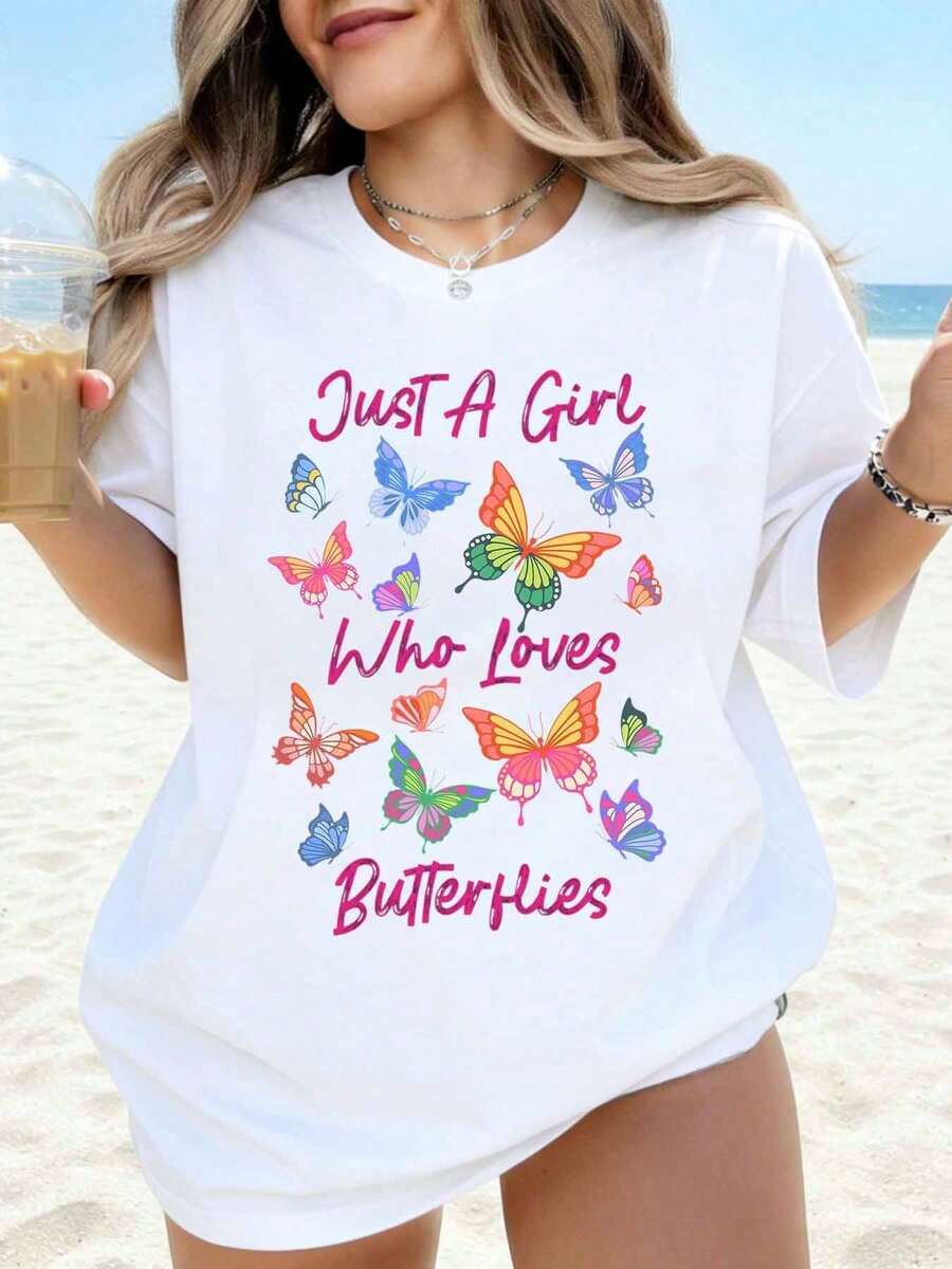 Camiseta Casual con Estampado de Mariposas para Mujer, Estilo Veraniego de Playa, Top Holgado con Estampado de Mariposas Coloridas, Linda y Divertida para Actividades al Aire Libre - Blanco - Ver 1