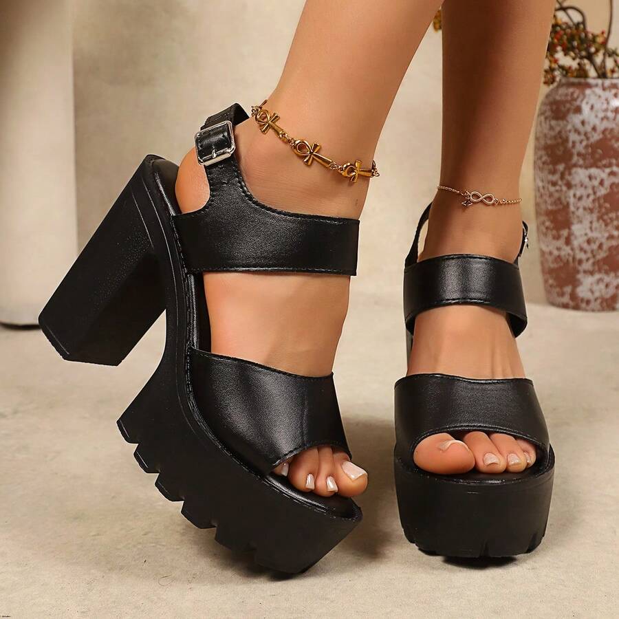 Women's Thick Platform Chunky Heel Sandals, Open Toe Ankle Strap Buckle High Heel Sandals, Fashion Versatile Summer Shoes - Black - View 1