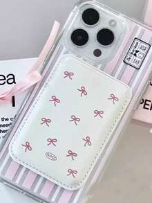 1個粉色蝴蝶結圖案磁吸卡夾，人造皮革情侶卡套，相容於Apple - 彩色 - 查看 5