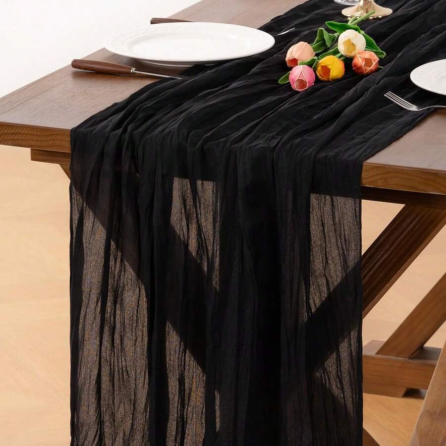 1pc Black Braided Table Runner, Rustic Spring Tablecloth (Approx. 90*400cm) Bohemian Style Home Decor Wedding Baby Shower Birthday Party - Black - View 1