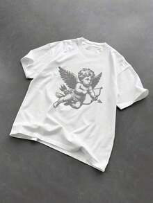 Street Style Cupid Angel Print Crew Neck Men's T-Shirt, Suitable For Spring And Summer Outdoor Wear - Retro Street Style Unisex Loose Cotton Short-Sle - 白色 3 - 查看 1