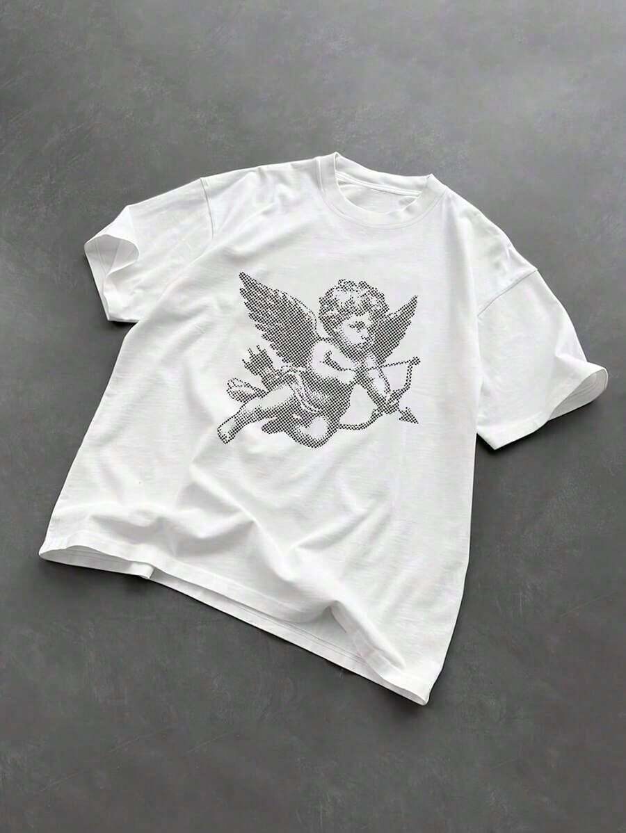 Street Style Cupid Angel Print Crew Neck Men's T-Shirt, Suitable For Spring And Summer Outdoor Wear - Retro Street Style Unisex Loose Cotton Short-Sle - 白色 3 - 查看 1