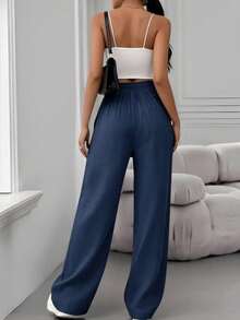 Women's Linen Palazzo Pants, Adjustable Waist With Drawstring, Side Pockets, Casual And Breathable For Vacations - biru laut - View 3