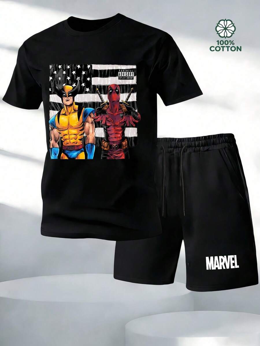 Wolverine And Deadpool With American Flag Summer Holiday Outfits Cotton T-Shirt And Shorts Set Marvel Superhero Graphic, Streetwear Casual Clothes - Black - View 1