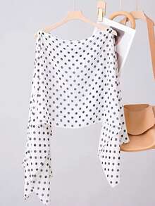 1 buah Syal Pendek Wanita Musim Panas Bahan Chiffon Motif Polkadot Hitam untuk Melindungi dari Sinar Matahari - Putih - View 6
