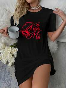 Women's Soft Short Sleeve Nightgown - Lip Pattern, Women's Nightgown - Black - View 1