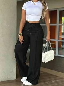Women's Solid-Color Casual Long Pants For Fall: High-Waisted With Zipper And Button Pockets - Black - View 2