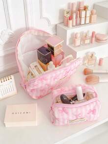 Pink Bow Cosmetics Bag Large Capacity Makeup Bag Portable Coin Wallet Zipper Coin Purse Small Items Storage Pouch Strip Pattern Lipstick Earbuds Bag - Multicolor - View 4