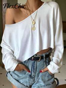FLEXCHIC White Knitted Loose One-Shoulder Batwing Sleeve Long Sleeve T-Shirt, Cute White Top, Y2K, Casual Outfit Top, Teacher Outfit - White - View 5