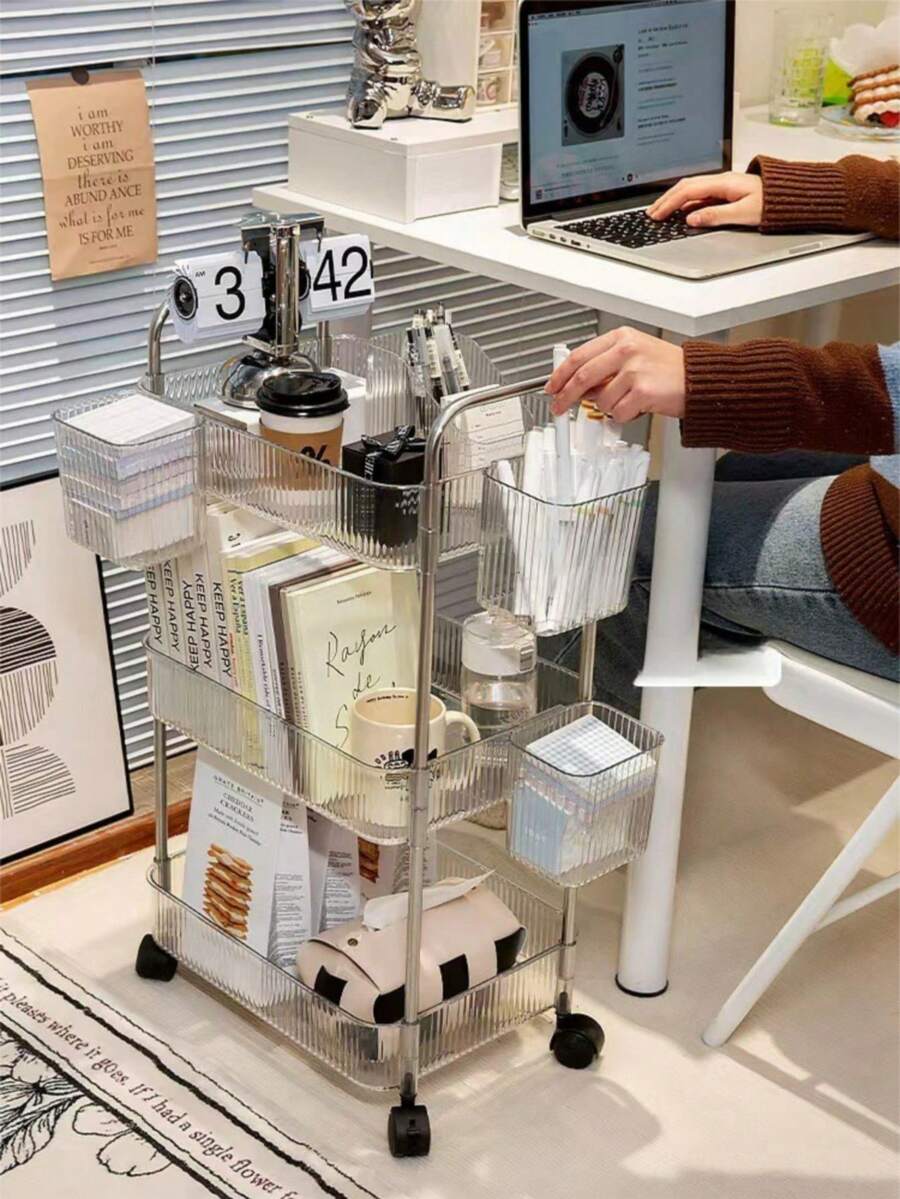 1pc Transparent Movable Cosmetic Cart Storage Rack, Large Capacity Multifunctional Bathroom Supplies Display Shelf, Bathroom Accessories - Transparent - View 1
