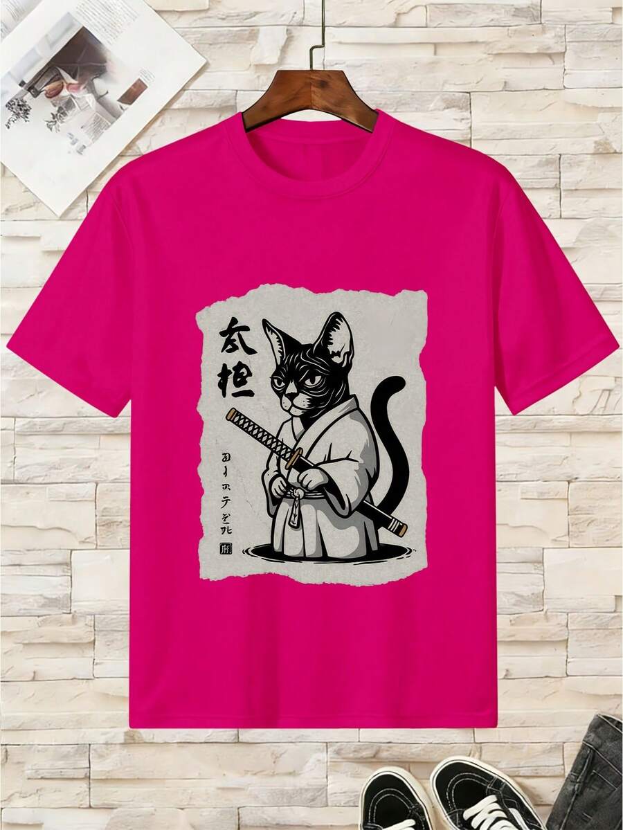 Cat Samurai Cotton T-Shirt For Boys - 紅色 - 查看 1