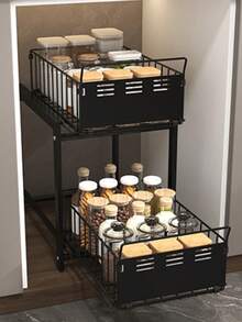 1 Buah Rak Penyimpanan Dapur Tarik Keluar Tugas Berat, Keranjang Penyimpanan 2 Tingkat yang Dapat Dilepas Terbuat dari Baja Karbon, Rak Penyimpanan Serbaguna Beroda untuk Penyimpanan Barang di Bawah Wastafel, Kabinet, dan Meja, Warna Ganda Hitam Perak - MultiWarna - View 14