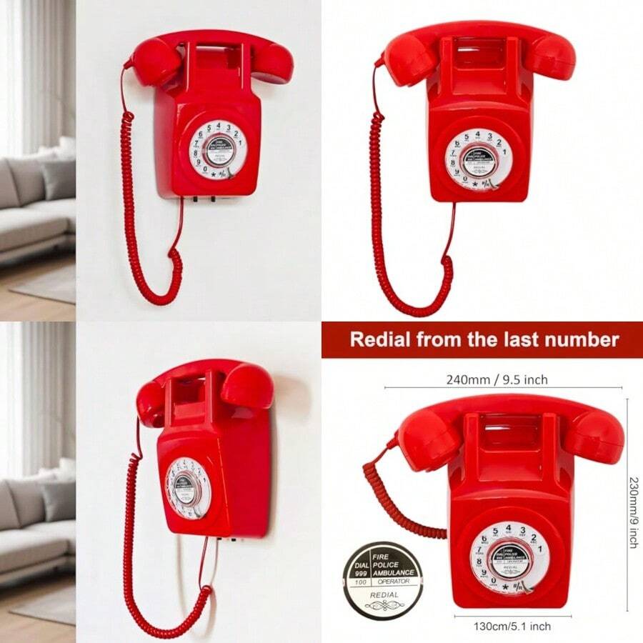 Teléfono de pared con cable con revisión teléfono fijo retro rojo teléfono de pared antiguo con remarcado para hogar oficina hotel escuela juego de teléfono con esfera giratoria clásico - Rojo - Ver 1