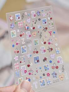 1 Piece Of Embossed Nail Charm Sticker, Cute Sweetheart Cherry Mini Sticker, Cloth Nail Sticker, Pentagonal Heart, Cute Button Stripe Nail Sticker DIY Nail Stickers - Multicolor - View 4