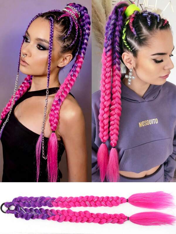 Synthetic Elastic Rubber Band Colorful Ponytail With Highlights, 1pack With 2 Braids Ponytail Synthetic Fiber Braided Hair Extensions, Suitable For Cosplay /Music Festival And Daily Wear