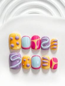 10Pcs Fresh Style Handmade Press On Nail,Polygel Nail Set,Linear Designs,Yellow,Blue,Purple And Rose Pink Nail Polish,Vibrant Style,Includes Nail Tools,3 Sizes Available,Square,Short Square,Almond,Nails For Party,Dance,Daily Wear. - 彩色 - 查看 2