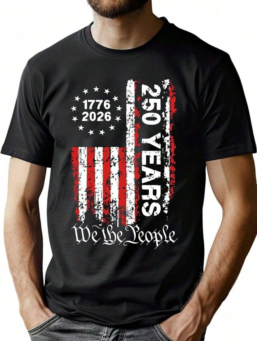 Men's 250th Anniversary US T-Shirt, American Flag T-Shirt, 4th Of July T-Shirt, 250th Anniversary Patriotic T-Shirts, Men's Cotton Graphic Tees And M - 黑色 - 查看 1
