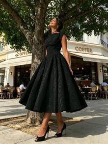 Women's Boat Neck Cap Sleeve Midi Dress, Corset Waist A-Line Flare Dress, Elegant Formal & Bridesmaid Dress - 黑色 - 查看 10