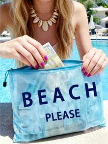 多色防水時尚網格沙灘包，附「Beach Please」印花化妝包，沙灘主題。大容量透明化妝包，尼龍拉鍊盥洗包，輕便，可收納防曬乳、比基尼和沙灘必需品。春夏收納，適合游泳、沙灘、潛水和夏季假期，學生返校，輕便防曬收納包，適合朋友、家人、好友、同學。完美的生日、節日、派對、婚禮（伴娘）、郵輪禮物和紀念品 - 彩色 - 查看 8