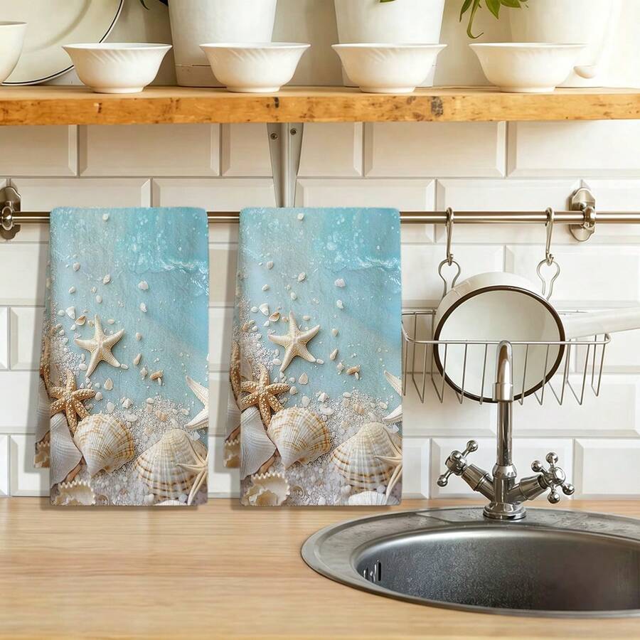 1pc/2pcs/4pcs Coastal Style Kitchen & Bathroom Towels, Vibrant Starfish & Beach Print, Ultra Soft, Highly Absorbent & Quick Drying, Machine Washable, Suitable For Kitchen & Dining Room Decor Hand Towels - Multicolor - View 1