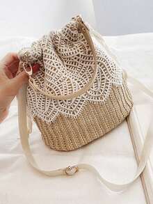 Lace Trim Straw Bucket Bag, Versatile Women's Crossbody Bag, Drawstring Closure, Vacation Style, Suitable For Commuting, Dating And Vacation - Multicolor - View 10