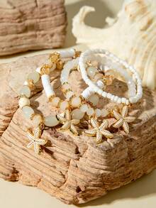 4pcs/Set Fashionable Beach Vacation Style Beaded Starfish Bracelet Set, Suitable For Women's Beach Party, Holiday Wear, Gift For Friends Jewelry - White - View 6