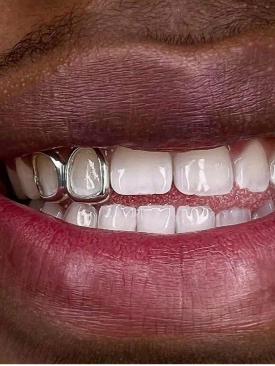 1pc Personalized Classic Polished Double Hollow Hip Hop Teeth Grillz Dental Veneers, Daily Holiday Decorative Accessory, Cosplay Photography Prop - Multicolor - View 1