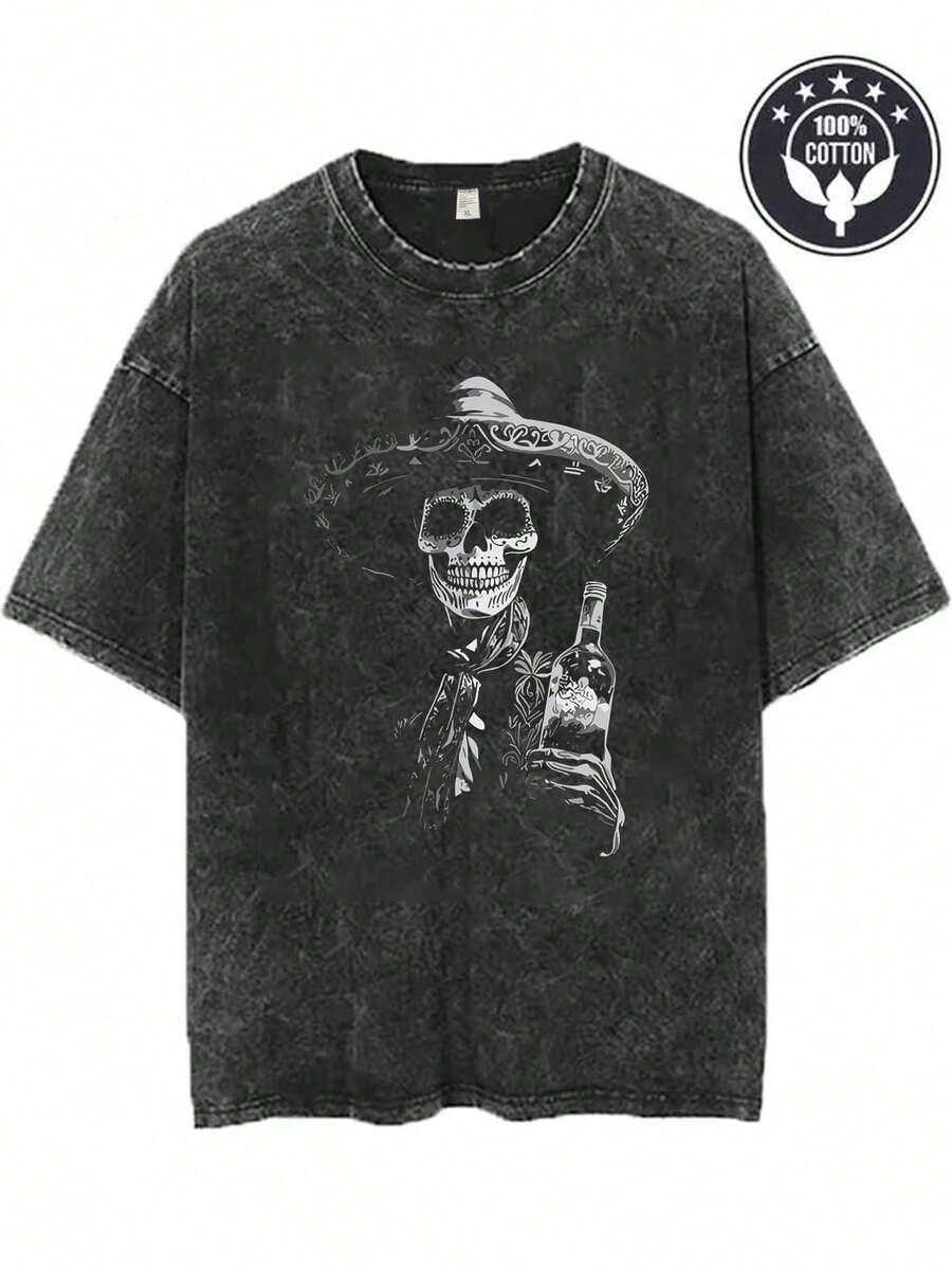Camiseta unisex manga corta con estampado, cuello redondo, 100% algodón puro, tela suave y transpirable, estilo casual ideal para primavera y verano, ropa de uso diario cómoda - Negro - Ver 1