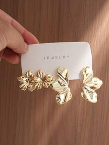 2-12pcs Stylish Asymmetric Floral, Leaf, Striped Earrings, Suitable For Party, Banquet, Travel, Wedding, Holiday, Daily Wear, Jewelry Gift - Gold - View 6
