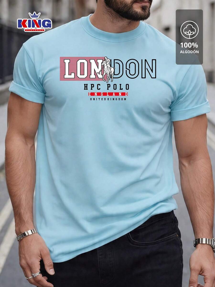 Original HPC POLO T-Shirt With Round Neck And Short Sleeves – Themed Graphic Design "HPC: London England Heritage" – 100% Cotton - 淺藍色 - 查看 1