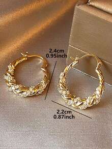 1 Pair Personalized Minimalist Elegant Luxury Geometric Twisted Design Cubic Zirconia Unique High-End Fashion Hoop Earrings For Women Daily Casual Commute Wear - Yellow Gold - View 6