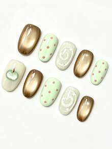 10pcs Cat Eye Multi-Colored Green Cat Eye Apple Decorative Jewelry. These Artificial Nails Feature Circular Star And Dot Patterns. Suitable For Students And Office Workers For Daily Wear, As Well As For Dates. Handmade And Reusable. - Multicolor - View 3
