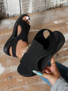 2026 Summer New Women's Sandals, Thick Sole Women's Shoes, Non-Slip Heel, Knitted Soft Sole, Soft Upper, Comfortable Women's Sandals, Non-Chafing Shoes, Slip-On, Petite Shoes, Vacation Style Fashion Women's Shoes, All Black Shoes - All Black - View 4