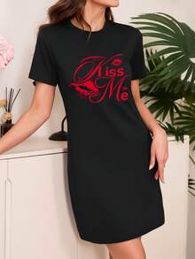 Women's Soft Short Sleeve Nightgown - Lip Pattern, Women's Nightgown - Black - View 5