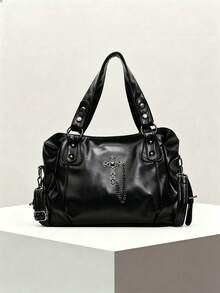 Fashionable Textured Large Capacity Tote Bag, Commuter Shoulder Crossbody Women's Bag, Suitable For Outings, Shopping, Travel, Commuting - Black - View 8