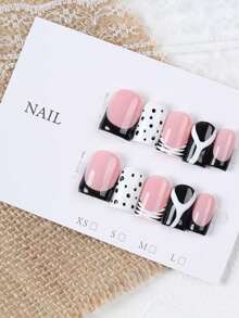 10Pcs Hot Girl Y2K Duck Bill Press On Nails, Nude Pink Black French Tips With Hand-Drawn Polka Dots, Zebra Stripes & Asymmetrical White Ribbons, Glossy Reusable Handmade False Nails For Daily, Dating & Street Style, Ideal Gift For Girls. - Follow Your Heart - View 5