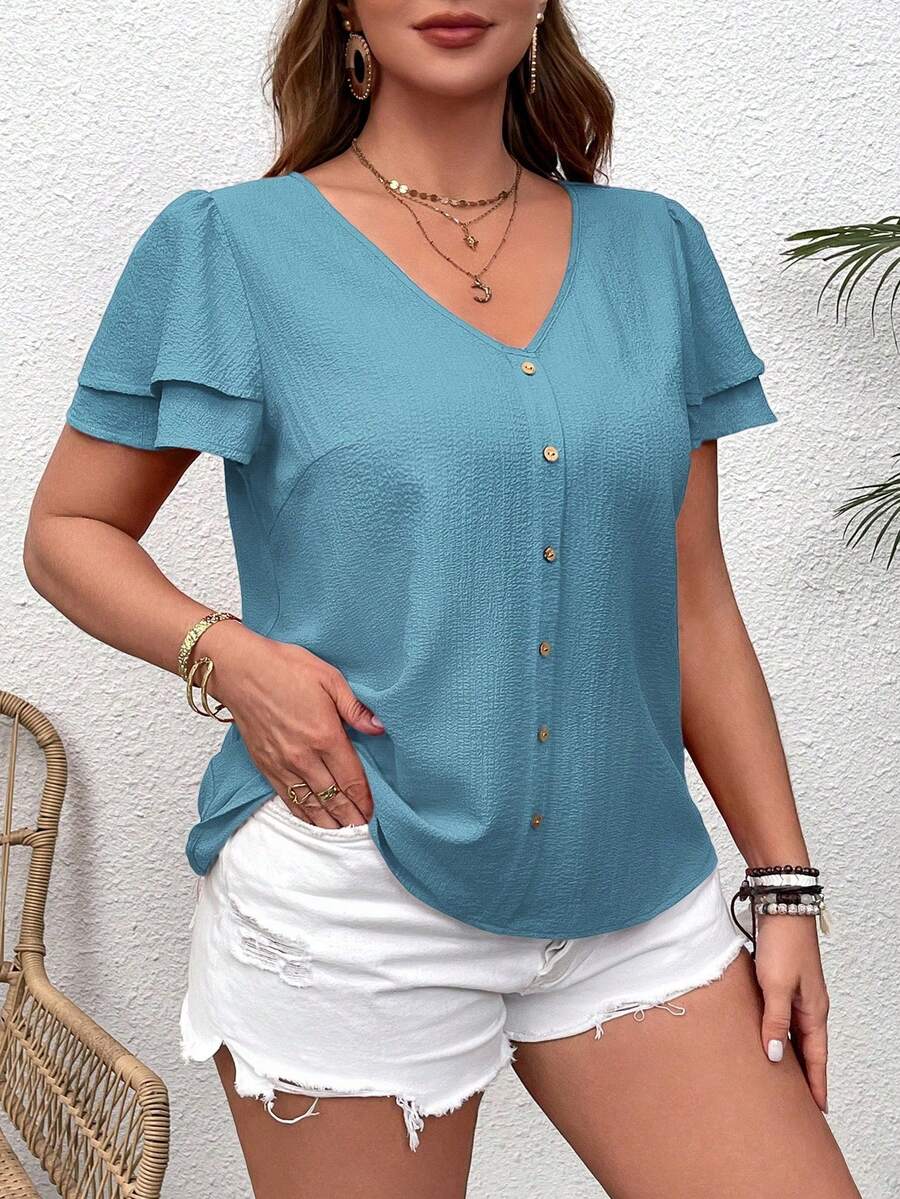VCAY Blusa de vacaciones con cuello en V con volantes y manga corta para tallas grandes - Niebla azul - Ver 1