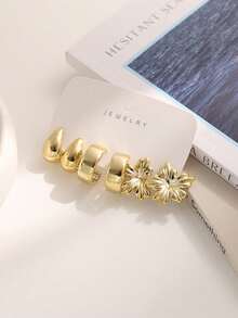 6 Pairs/3 Pairs/Set Fashion Floral & Geometric Combination Gold Metal Earrings Set, Exquisite Jewelry Designed For Women, Suitable For Daily Wear - Gold - View 9