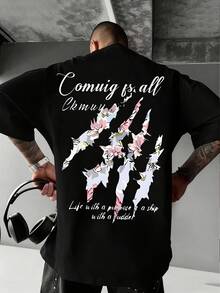 Camiseta casual de hombre con estampado de doble cara, que presenta un estilo callejero americano y delicados elementos de flores de cerezo, una camiseta de manga corta a la moda con una - Negro - Ver 3