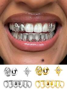 3pcs/1 Set Hollow Heart Zirconia Grillz Stone Tooth Jewelry Set,14K Gold Tooth Grill, Unisex Personalized Daily Accessories - Multicolor - View 2
