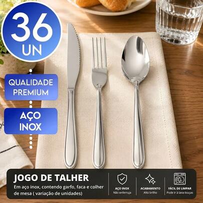 Jogo de Talheres 36 Peças Inox Facas c/ Serra Garfos  Colheres de Sopa Mesa Jogo de Talheres