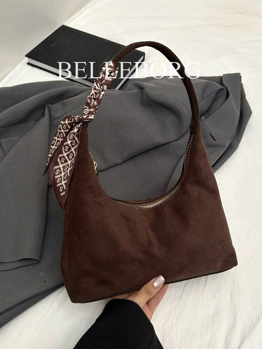 Bộ túi đeo vai/dưới cánh tay bằng da lộn mềm mại và nhẹ, thiết kế tối giản kèm khăn quàng cổ dành cho nữ, ví da lộn, túi xách nữ thu đông mới, ví đẹp nhất mùa thu, túi da lộn thời trang mới nhất dành cho nữ, hoàn toàn phù hợp với trang phục mùa thu, quần áo mùa thu dành cho nữ - Cà phê nâu - Xem 1