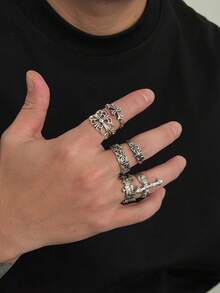 6pcs/Set Fashion Street Punk Style Cross Flower Ring Set, Suitable For Daily Wear And Holiday Decoration - Antique Silver - View 5