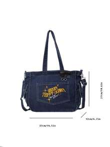New Fashion Classic Versatile Casual Letter Pattern Decor Design, Embroidery Craft, Large Capacity Shoulder Bag Metal Chain Decor Handbag, Distressed Washed Fabric Women's Backpack, Suitable For Campus Use, Also Suitable For Commuting. - Blue - View 6