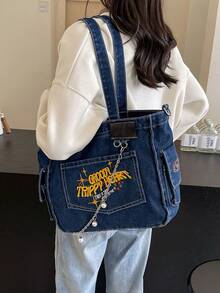 New Fashion Classic Versatile Casual Letter Pattern Decor Design, Embroidery Craft, Large Capacity Shoulder Bag Metal Chain Decor Handbag, Distressed Washed Fabric Women's Backpack, Suitable For Campus Use, Also Suitable For Commuting. - Blue - View 5