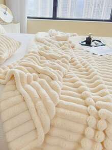 1pc White Ultra Soft Warm Striped Blanket - Machine Washable Polyester Material, Best Choice For Spring And Autumn, Suitable For All Seasons, Perfect For Sofa And Bed - Creamy White - View 2