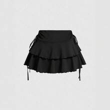 Minifalda negra de doble capa con volantes para mujer, cintura alta, cordón lateral, fruncida, fluida y en capas. - Negro - Ver 2